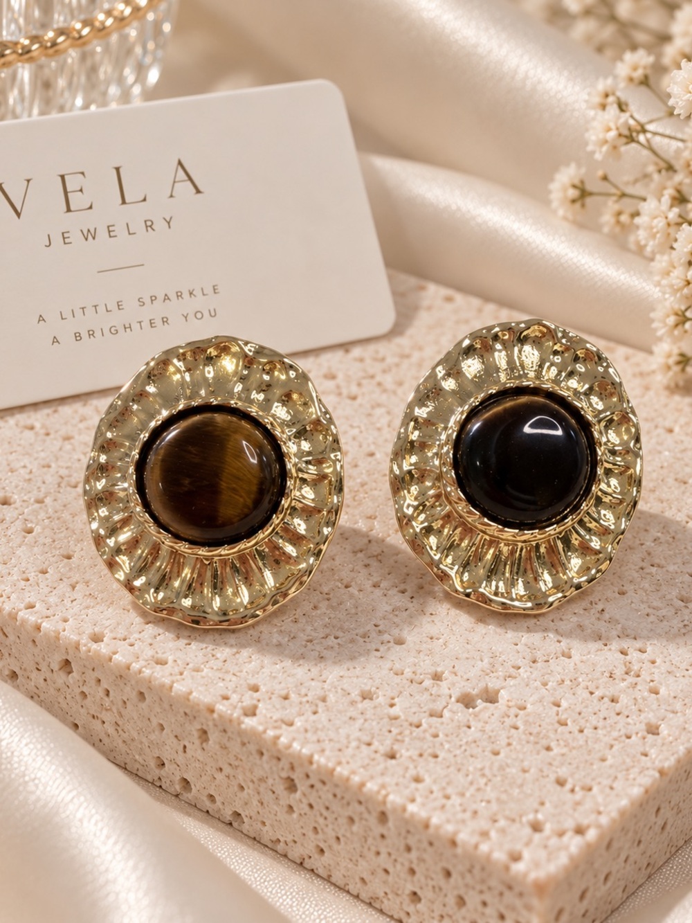 Gold-Tone Stud Earrings with Dark Stone